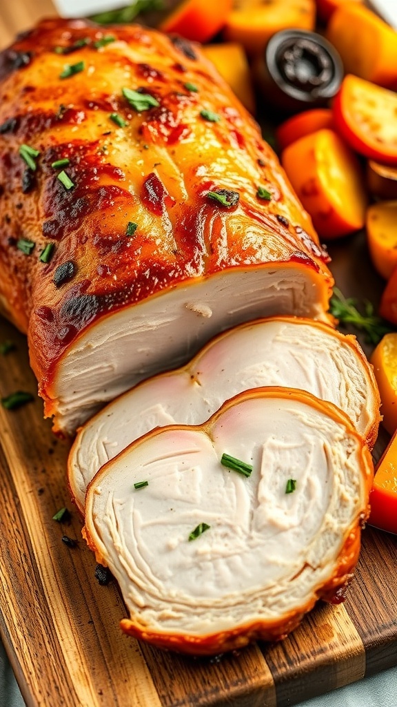 Sliced air fryer pork loin on a wooden board, garnished with herbs and served with roasted vegetables.